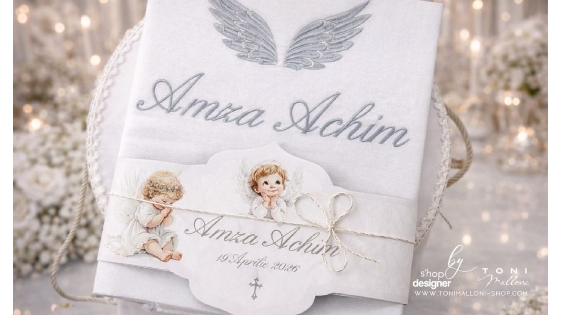 Trusou botez băiat Înger Alb elegant cu îngerași și aripi brodate 24